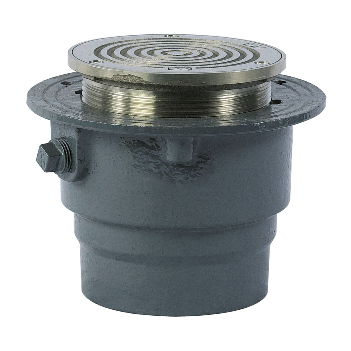 Product Image - Floor Cleanout, Cast Iron Body, Adjustable 5 IN Round Ductile Iron Top, Non-Skid, 4 IN No Hub Connection, Gasketed Brass Cleanout Plug